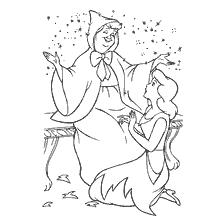 Cinderella kneeling in front of the fairy godmother, which is surrounded by magical sparks