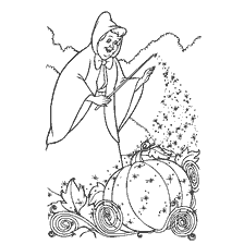 Cinderella with a magic wand turns pumpkin into a carriage