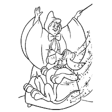 An illustration of Cinderella using a magic wand next to her old dog friend.