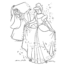 Coloring Cinderella with the Fairy Godmother who uses a magic wand.