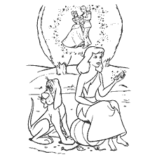 Coloring Cinderella with a dog against the background of dreams
