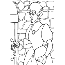 Cinderella's stepmother closes the door, angry and laughing.