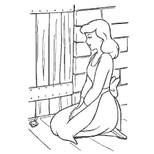 Cinderella kneeling at the door with a key under it