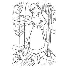 Cinderella stands at the door, greeting her mouse friends