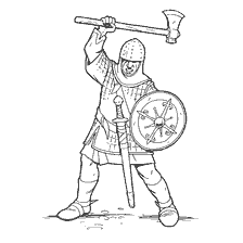 boyama sayfası: Knight Haçlı, Avrupa, XIII. yüzyıl. Silahlar ve koruyucu ekipmanlarla silahlı.