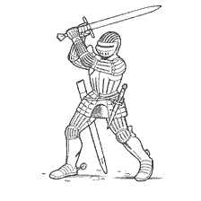 boyama sayfası: 2. el kılıcı ile zırhta Knight, savaşa hazır