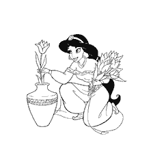 Prinses Jasmine van Aladdin picking bloemen in de buurt van een kan