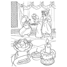 Aladdin, Jasmine en andere personages in het paleis met traktaties