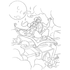 Aladdin and Jasmine fly on magic carpet over town