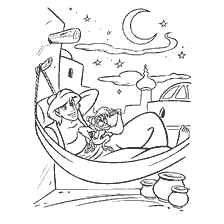 Aladdin and his loyal friend Abu rest in a hammock under the starry sky