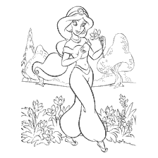 Coloring with Princess Jasmine from Disney on the background of flowering plants