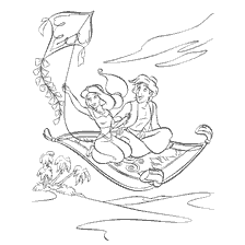 Aladdin and Jasmine fly on magic carpet