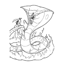 Aladdin with a sword against Jafar in the shape of a snake