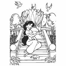 Princess Jasmine plays with birds in beautiful garden