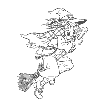 Illustration einer Hexe auf einem Besenstab mit einem Knochen in seiner Hand