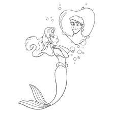 coloriage: Sirène Ariel regarde l'image d'un prince dans une bulle