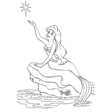 coloriage: La sirène, flottant à la surface de la mer, tire sa main vers l'étoile.