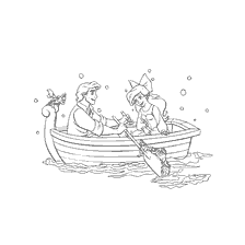 coloriage: Prince et Ariel dessinent dans un bateau sur fond de monde sous-marin
