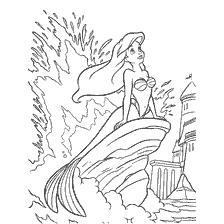 coloriage: La petite sirène se tient sur une pierre parmi les vagues