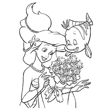 coloriage: Ariel de la Sirène avec un bouquet et poisson Flounder