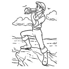 coloriage: Le Prince de la Petite Sirène joue de la flûte sur un rocher