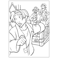 coloriage: Une photo du livre de coloriage Treasure Planet, qui dépeint des personnages pressés de partir.