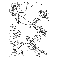 coloriage: Coloration avec Ariel la petite sirène et la tortue dans le monde sous-marin