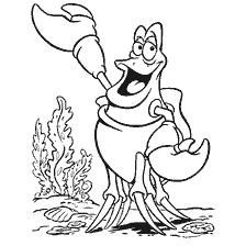 coloriage: Crab Sebastian sourit au milieu du monde sous-marin
