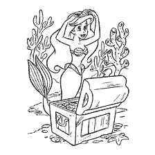 coloriage: Coloration de la petite sirène avec des trésors contre le fond du monde sous-marin
