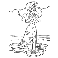 coloriage: La Petite Sirène sur le rivage avec des jambes au lieu de la queue