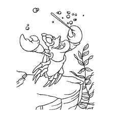 coloriage: Coloration avec Sebastian de la Petite Sirène conduisant sous l'eau