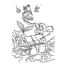 coloriage: Petite sirène et coffre au trésor sous l'eau