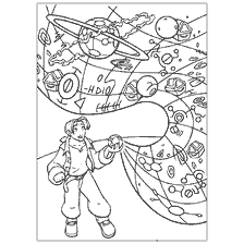 coloriage: Le garçon avec la carte dans l'espace de la planète du trésor