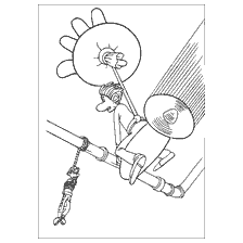 coloring page: Roddy from Flee! descends the pipe with a lifeline.
