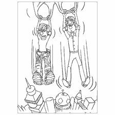 coloring page: Two characters parachute in a cityscape