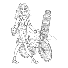 Meisje op een fiets met de Scheve Toren van Pisa op de achtergrond