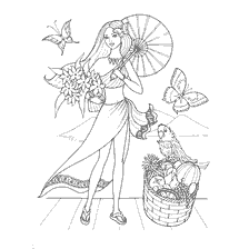 Modemeisjes Mooi islander met bloemen, vlinders en een mandje fruit