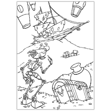 coloriage: Coloriage navire Flint avec un robot au milieu du trésor pirate