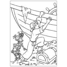 coloriage: Un garçon et un robot près d'un vieux bateau
