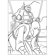 coloriage: Couleur noire et blanche des tortues Ninja avec Leonardo et l'ennemi