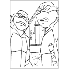 coloriage: Couleur Ninja Tortues : Deux héros dans un environnement urbain