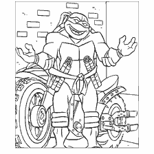 coloriage: Les tortues Ninja de Michel-Ange avec une moto