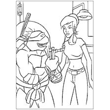 coloriage: Avril et Donatello interagissent dans une ambiance chaleureuse
