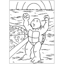coloriage: Coloration d'un Ninja Tortue avec une tortue levant joyeusement ses mains à côté d'une pizza.