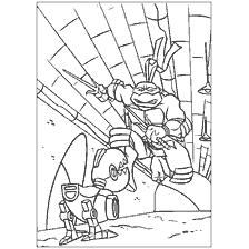 coloriage: Rafael des tortues Ninja avec une épée bilatérale contre un robot