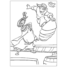 coloriage: Personnages de la planète du trésor sur une planche volante