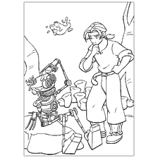 coloriage: Racrak avec les personnages principaux de la planète Trésor : un jeune homme et un robot