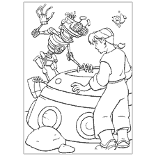coloriage: Garçon et robot sur la planète du trésor