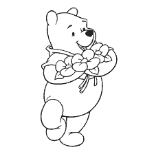 Winnie the Pooh walks with flowers in his hands