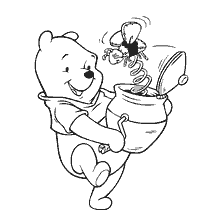 Winnie Bear holds a can of honey from which a bee flies.